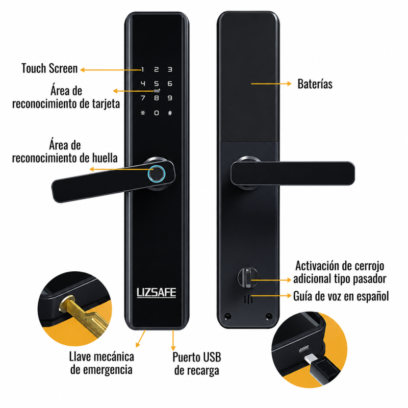 Cerradura biométrica inteligente PREMIUM + TUYA + Cerrojo adicional