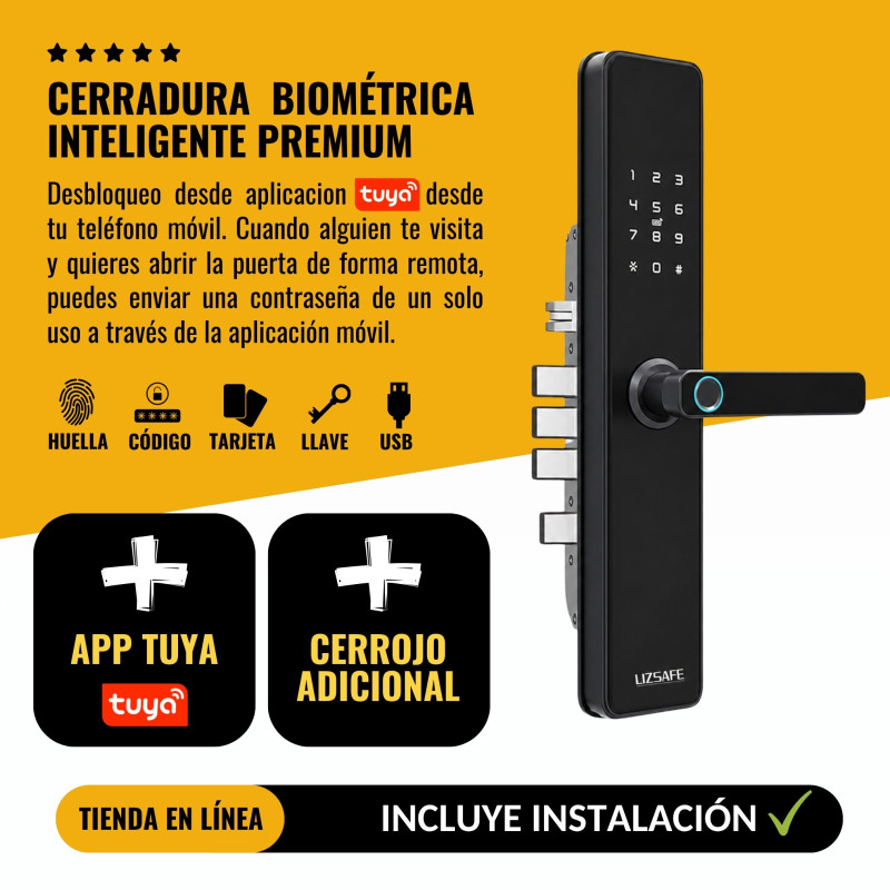 Cerradura biométrica inteligente PREMIUM + TUYA + Cerrojo adicional incluye Instalación